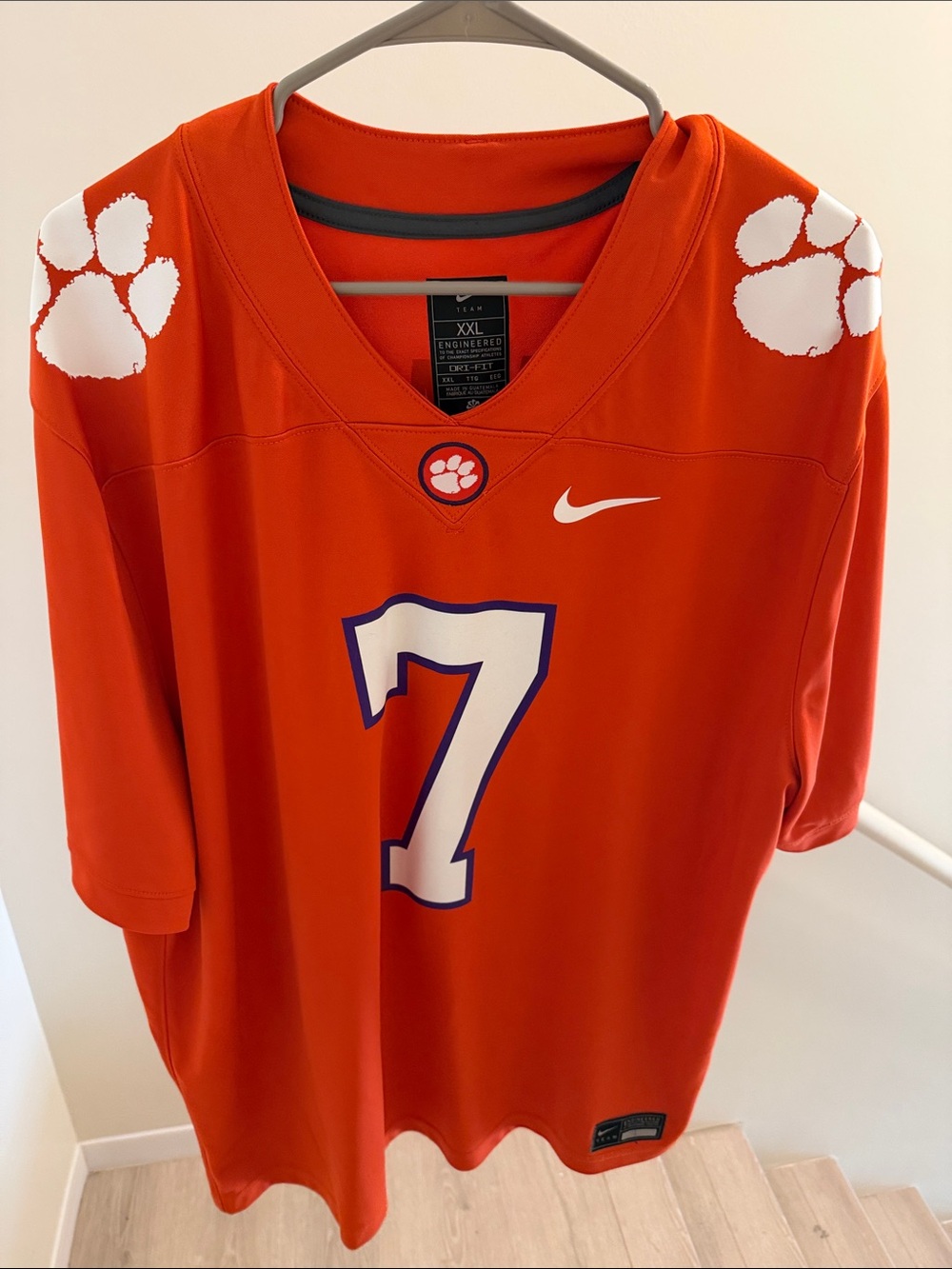 Nike Men’s Orange Clemson #7 Football Jersey with White Paw Logos
